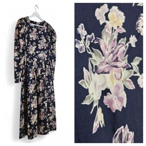 Laura Ashley Vintage Floral Midi Dress Womens 10 Cottagecore Romantic Longsleeve